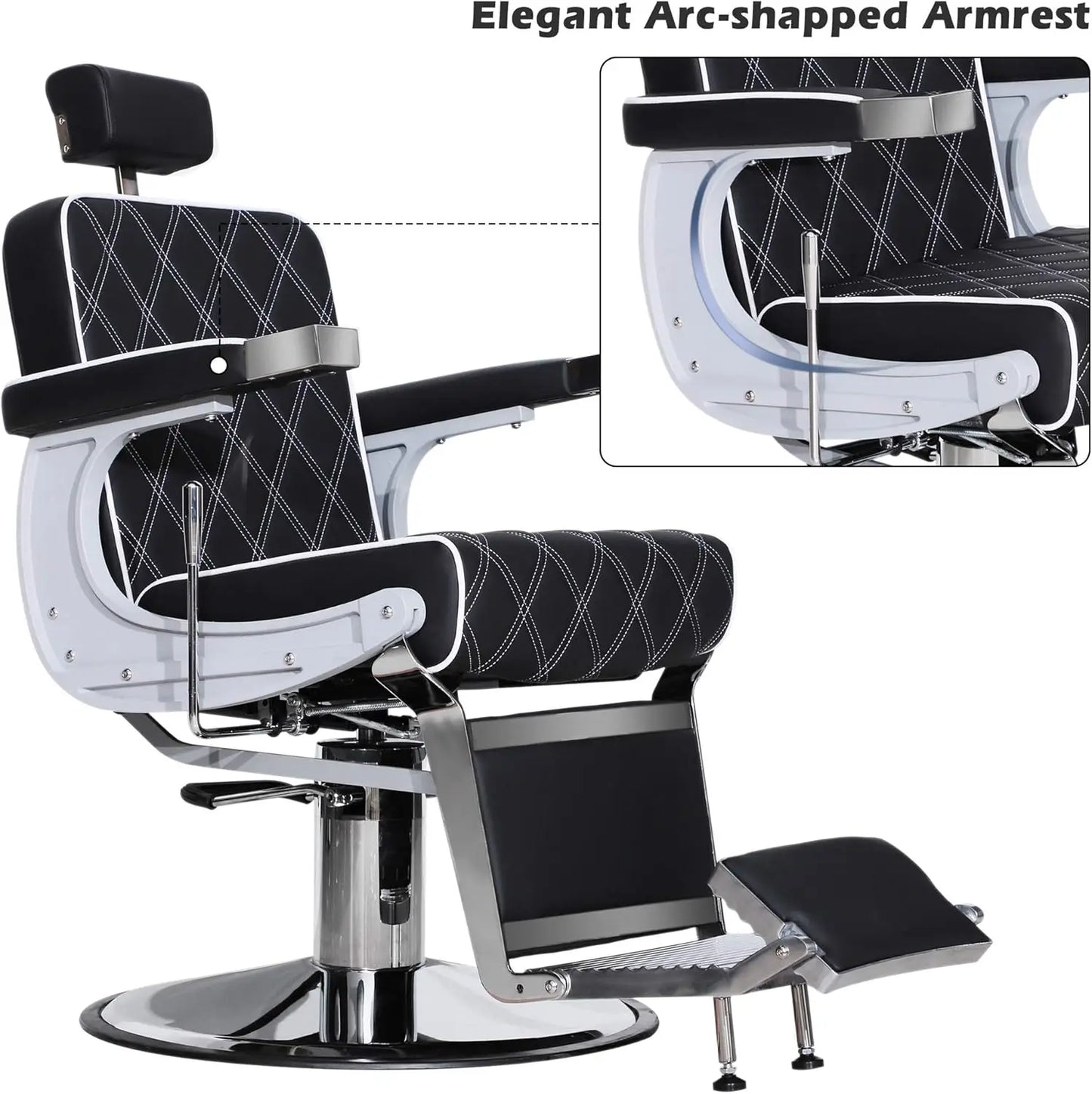 Heavy Duty Metal Vintage Barber Chair All Purpose Hydraulic Recline Salon Beauty Spa Shampoo Equipment Black with White Stitches
