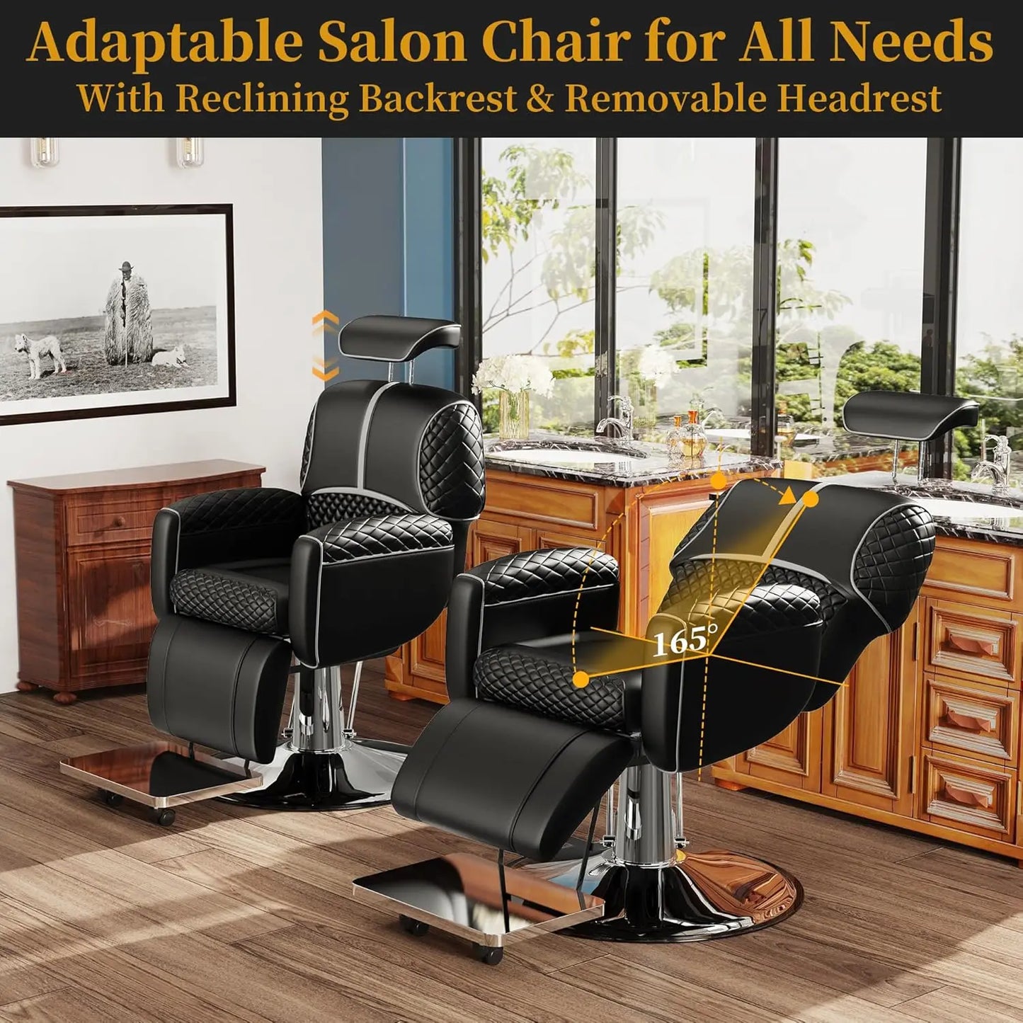 Baasha Black Salon Chair, Elegant Barber Chair With Ergonomic Adjustable Backrest, Comfortable Cushion, Heavy Duty Steel Frame,