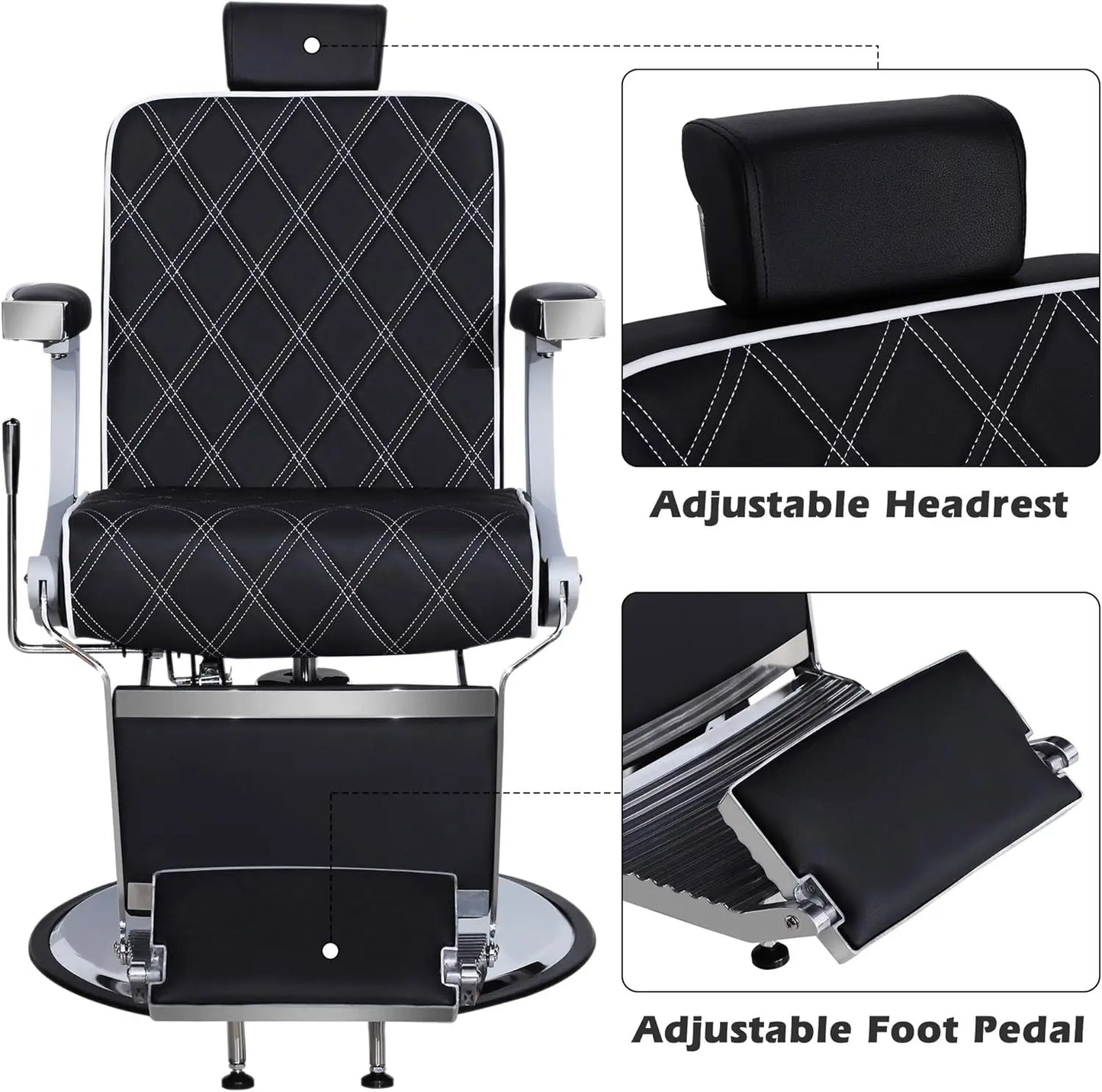Heavy Duty Metal Vintage Barber Chair All Purpose Hydraulic Recline Salon Beauty Spa Shampoo Equipment Black with White Stitches