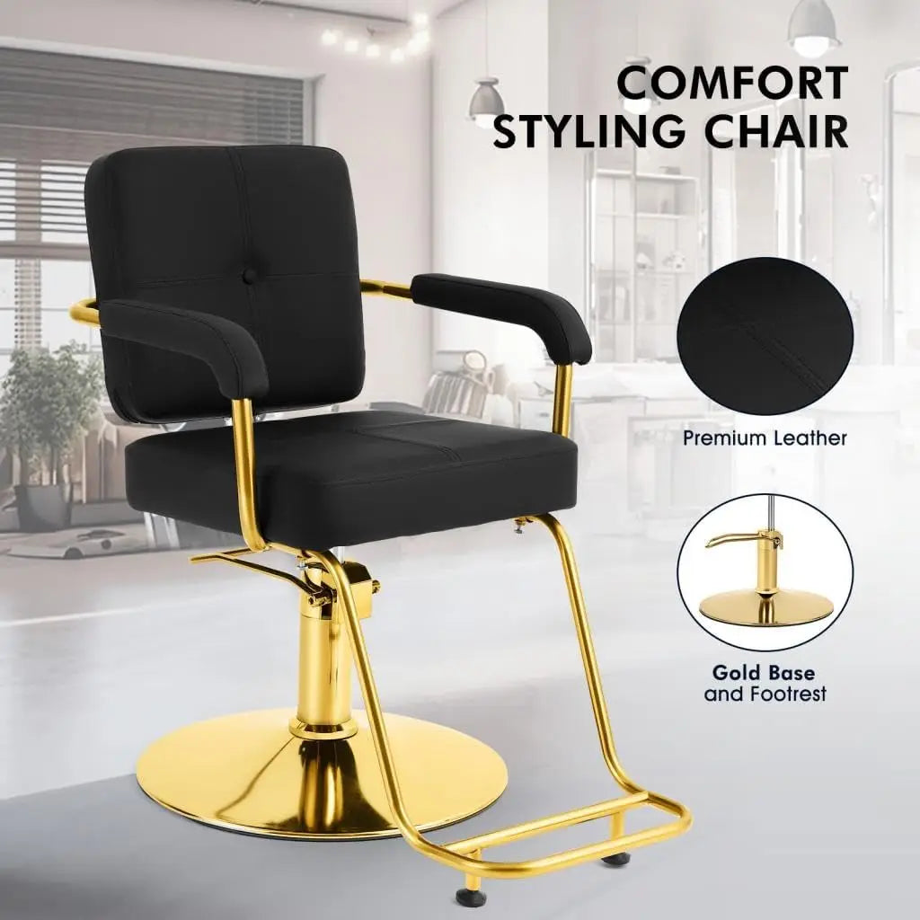 Black and Gold Salon Chair Professional Stylist Chair with Heavy Duty Hydraulic Pump Hair Salon Styling Chair 360 Degree Swivel