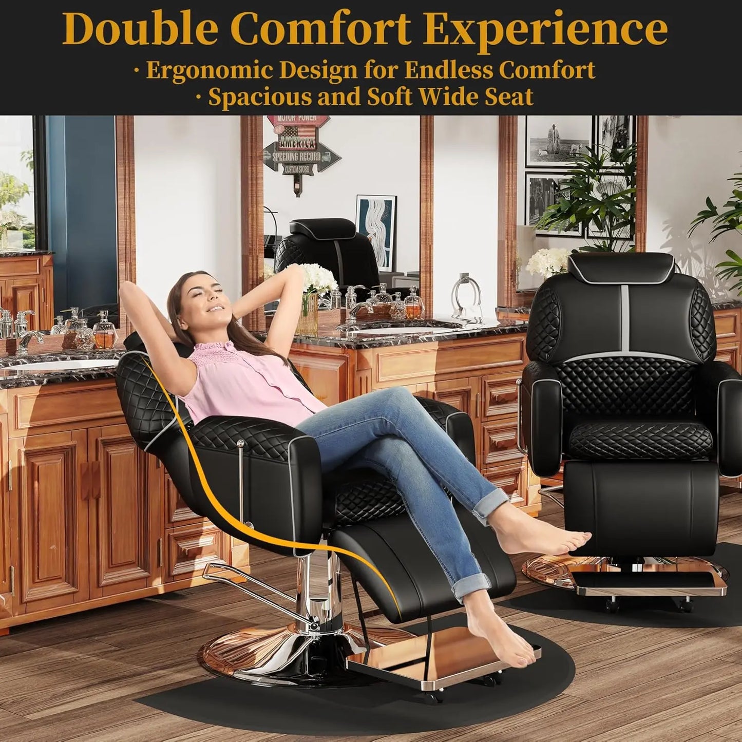Baasha Black Salon Chair, Elegant Barber Chair With Ergonomic Adjustable Backrest, Comfortable Cushion, Heavy Duty Steel Frame,