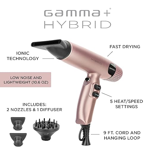 GAMMA+ Hybrid Professional Hair Dryer Lightweight, Ionic Technology, Low Noise with 2 Nozzles and Diffuser