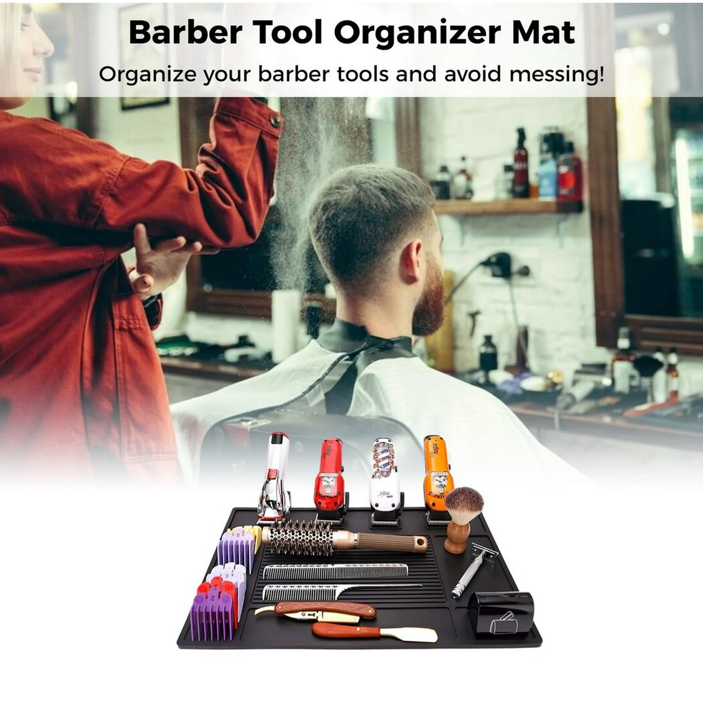 Barber Tool Organizer Mat, Flexible Silicone Barber Tool Pad, Magnetic Salon Barbershop Work Station Pad, Non-Slip Barbershop Counter Mat for Clippers Barber Tools (Black)