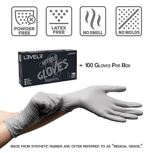 L3 Level 3 Nitrile Gloves - Professional Heavy Duty Disposable Gloves - Latex Free - Fits Snug - Box of 100 SMALL